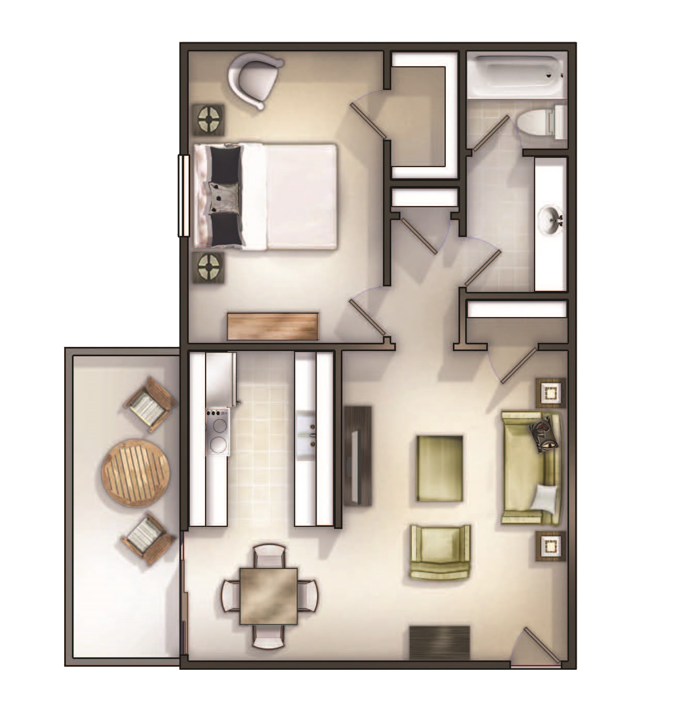 Floor plan for 1 bed, 1 bath, 725 sqft